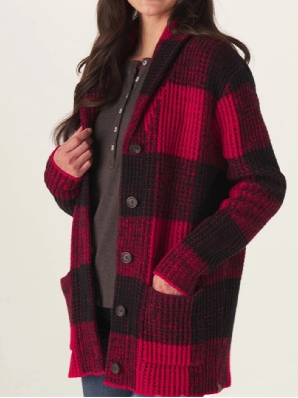 The Normal Brand Red Black Buffalo Plaid Shawl Collar Cardigan — Size M 🧣